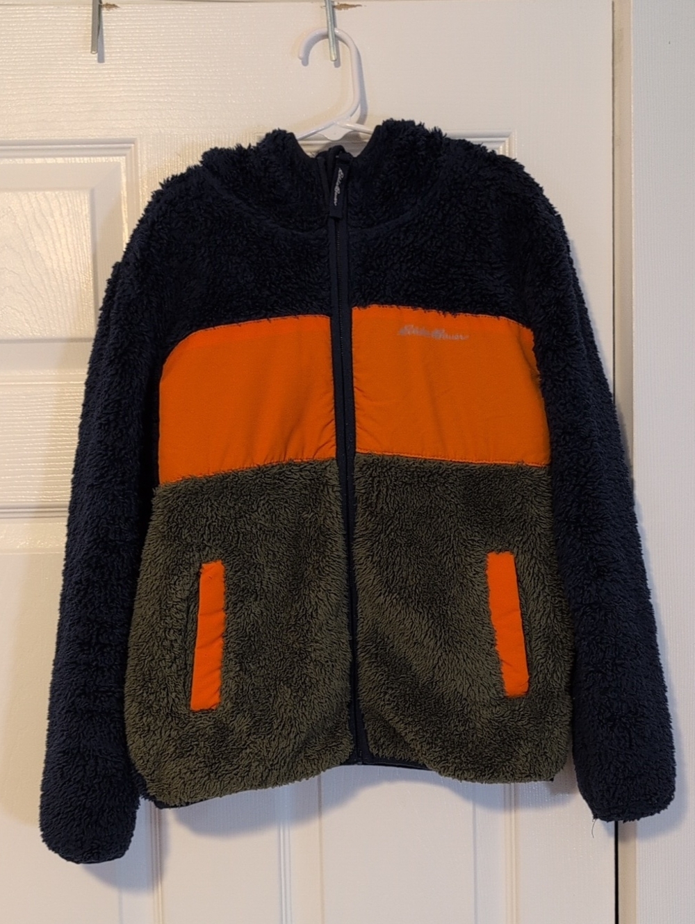 Eddie Bauer Kids Colorblock Sherpa Jacket in Navy, Olive & Orange
